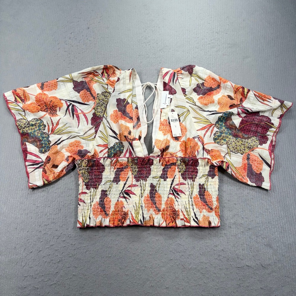 Anthropologie Crop Top Womens M Floral Orange Mot Smocked Flutter Sleeve NEW
